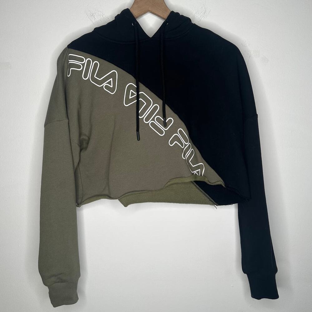 Fila Womens Cropped Raw Hem Duotone Logo Long Sleeve Black/Green Hoodie Small